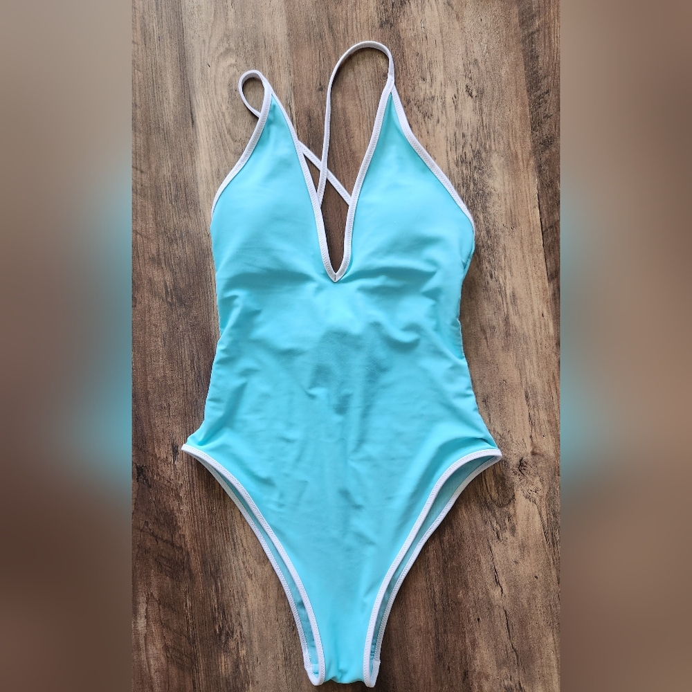 Aerie One Piece Plunge Swimsuit Light Blue Small EXCELLENT CONDITION